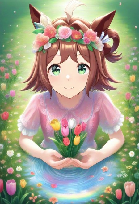 (umamusume, rhein_kraft_(umamusume), horse_ears, horse_girl, tail, 1girl, ahoge, animal_ears,)
casual, Tulip,Tulip flower, Tulip flower_field, 
head_wreath, looking_at_viewer,  solo, aesthetic, absurdres, symmetric , , g0ldsw0rthy,
(realistic, photo,  artistic, medium_hair, one_eye_closed, petals, relaxing, smile, spiralling vortex made of multicoloured tulips, lush foliage sunrise,  ripples, reflective, jaynl-tm, rainbow,green_eyes, hair_between_eyes, hair_ornament,  : 0.7)