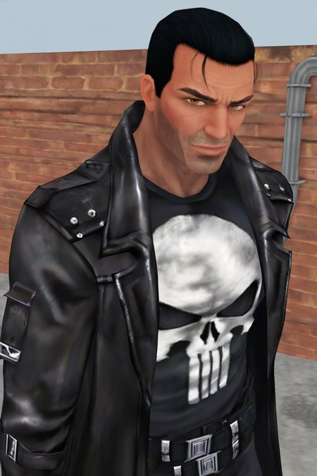 masterpiece, best quality, highres, newest, 3d, realistic, frankcastle, 1boy, solo, male focus, mature male, short hair, black hair, hair slicked back, brown eyes, thick eyebrows, facial hair, stubble, looking at viewer, muscular male, black coat, trench coat, leather, long sleeves, open coat, shirt, skull print, standing, portrait, upper body, outdoors, brick wall, industrial pipe <lora:Frank Castle - The Punisher (2005) from Video Game v1.0 BETA [LoRA] - NoobAI-XL EPS 1.0:0.8>