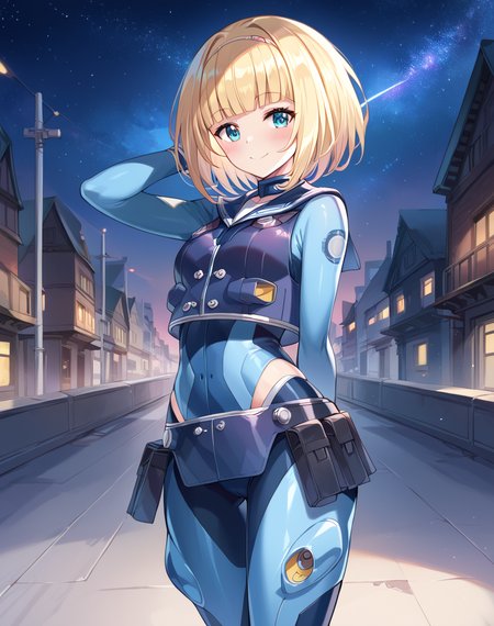 milinda_brantini, blonde hair, short hair, aqua eyes, blue eyes, hairband, pouch, bangs, belt pouch, blunt bangs,  blue bodysuit, pilot cropped jacket, pilot belt, , pilot pouch BREAK outdoors, city, night, starry sky, BREAK arms behind back, smile, blush, looking at viewer BREAK score_9, score_8_up, score_7_up, source_anime ,zPDXL, <lora:milinda_brantini:0.8>