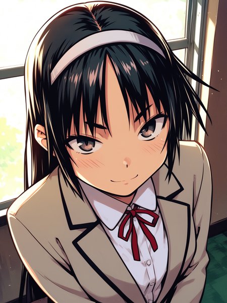 <lora:happy_tentacle-hinata-v0.1-000060:1>, ht_hinata, school uniform, collared shirt, blazer, hairband , indoors 1girl, solo, upper body , , ( naughty face :1), , looking at viewer , , from above , score_9, score_8_up, score_7_up, score_6_up, score_5_up, score_4_up