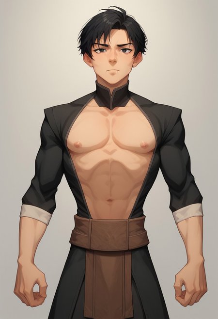 score_9, score_8_up, score_7_up, 8k, best quality, charturnerv2, sz4d3k, 1boy, even skin tone, cell shaded, male focus, indirect lighting, detailed face, detailed eyes, detailed, Expressiveh, adult male, Genbu, black hair, short hair, black eyes, black robes, tight clothes, bara male, pectorals, large chest, face focus, head shotsn Green crystal turtle shell, stern expression, standing, solo, alone, hands, detailed hands, anatomically correct hands, five fingers, NEGATIVE_HANDS