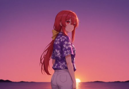 masterpiece,best quality,amazing quality, BREAK, (1girl), solo, kotohime (touhou), long hair, red hair, hair between eyes, bangs, sidelocks, low ponytail, hair bow, yellow bow, red eyes, alternate_costume, hawaiian_shirt, purple_shirt, white_pants, miami, motor_boat, solo, standing, smile, dark_pink_background, sunset,
