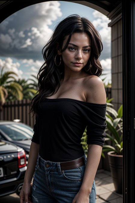 bhsm1, 1girl,  black hair,  earrings, outdoors, long hair,  potted plant, solo, upper body, , close-up, dark background, pillar, garage, wind, floating hair, cloudy sky, off-shoulder shirt, vertical stripes, looking at another, 
masterpiece, best quality, intricate detail,       <lora:LCM_LoRA_Weights_SD15:1> <lora:backlight_slider_v10:-0.5>   <lora:add_detail:0.5>