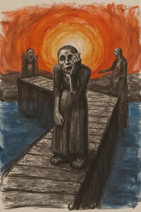 kako1 black and white charcoal drawing. A figure standing on a wooden bridge, clutching their face in despair, with a backdrop of swirling, fiery orange skies and deep blue water. The figure's skeletal, distorted form conveys a sense of anxiety and existential dread, emphasized by their wide, hollow eyes and open mouth. The bridge extends diagonally into the composition, framed by two shadowy figures in the background and fjord-like landforms in the distance. The overall scene is dynamic, with bold, swirling strokes and vibrant, contrasting colors creating an atmosphere of emotional turbulence,  <lora:kako1_litho_nocap_d6a3:1.0><lora:814769912108075100:0>
