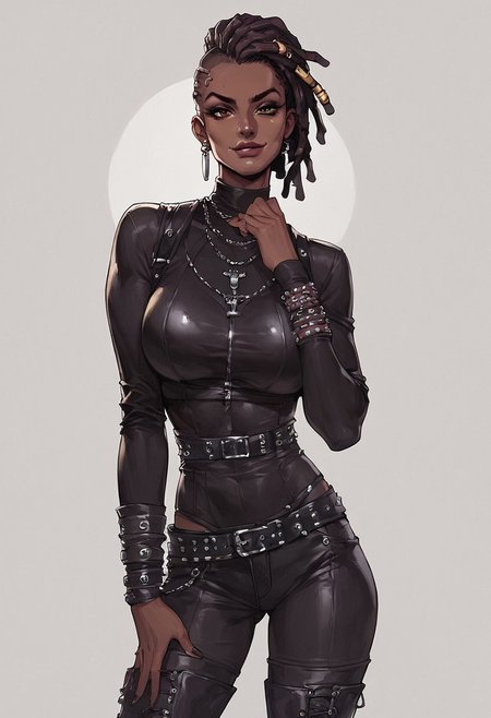 score_9, score_8_up, score_7_up, score_6_up, 1girl, solo, standing,african,darkskin, dark skinned woman, beautiful face, milf, slim, dreadlock mohawk, punk, smirk, gothic clothes, boots
