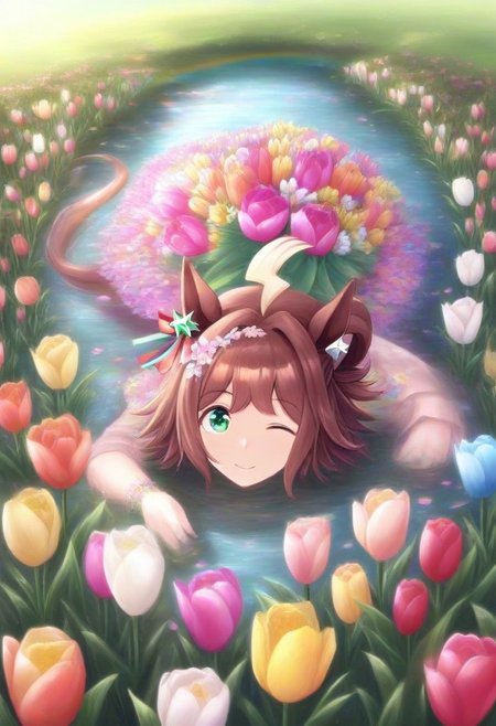 (umamusume, rhein_kraft_(umamusume), horse_ears, horse_girl, tail, 1girl, ahoge, animal_ears,)
casual, Tulip,Tulip flower, Tulip flower_field, 
head_wreath, looking_at_viewer,  solo, aesthetic, absurdres, symmetric , , g0ldsw0rthy,
(realistic, photo,  artistic, medium_hair, one_eye_closed, petals, relaxing, smile, spiralling vortex made of multicoloured tulips, lush foliage sunrise,  ripples, reflective, jaynl-tm, rainbow,green_eyes, hair_between_eyes, hair_ornament,  : 0.7)