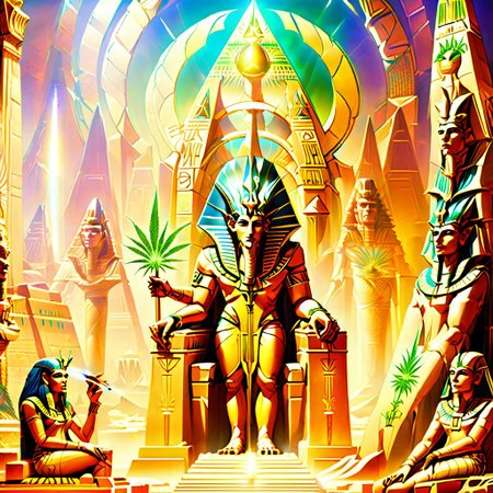 Apophis the Undying  with Cleopatra smoking jointz in front of the Stargate. marijuana plant