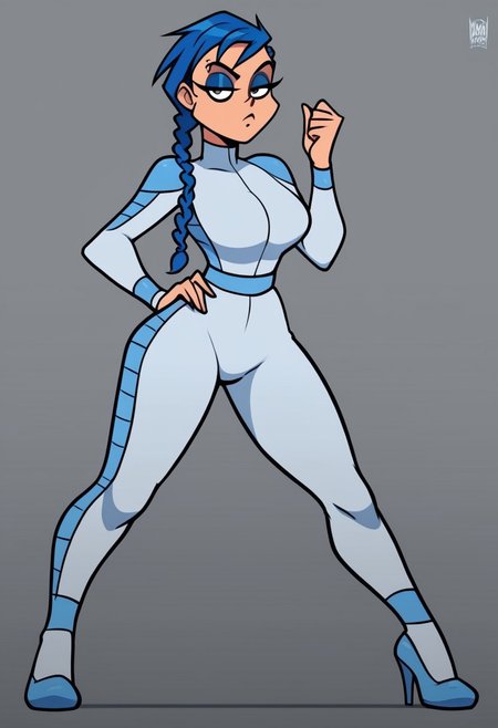 score_9, score_8_up, score_7_up, anna, androjuniarto style,
solo,1girl ,breasts, braid, blue hair, long hair, braid,great shading,,open eyes, eyeshadow, blue eyeshadow,makeup,, eyebrow piercing, piercing, 
blue motosuit, 
standing pose, looking at viewer, full body
gray background,