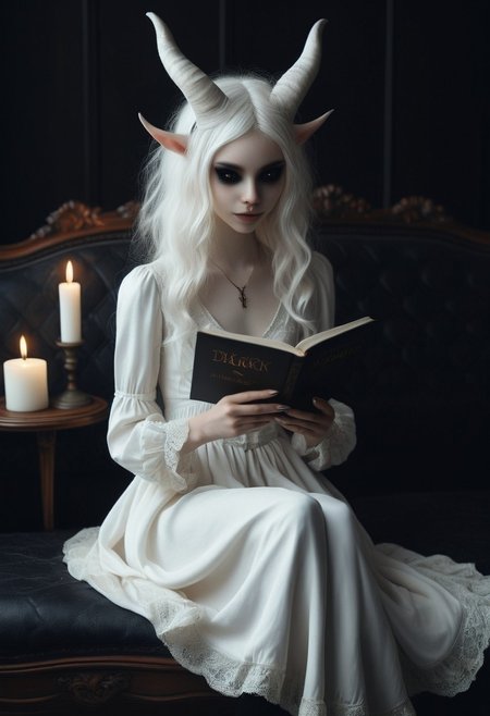 picture of skinny slim girl colored sclera black eyes cute smile pale white skin demon small horns ( black gradient arms:1) white hair elegant Victorian dress cleavage holding book "DARK MAGIC"   sitting on comfortable couch. Table with candle nearby.   <lora:WB2.2:0.8>