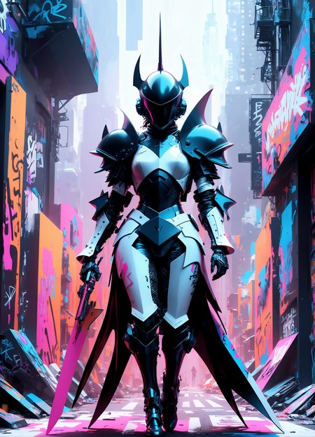 art, hkstyle, featuring a stunning alien woman knight strolling down a bustling, vibrant New York City street. The artist masterfully blends a variety of styles, including Rolf Armstrong, Frank Frazetta, Jeremy Mann, Carne Griffiths, and Robert Oxley into the armor style. The drawing begins as a (black and white:1.2) piece, but comes to life with the infusion of vibrant pop art colors and whimsical abstract shapes. The artwork is further elevated by elements of architecture, fashion, graffiti, dark fantasy, conceptual art, 3D render, and a cinematic experience. This fusion of diverse styles and influences creates a truly mesmerizing and immersive visual adventure, transporting the viewer into fashion, dark fantasy, cinematic, architecture, painting, graffiti, illustration, conceptual art, 3d render <lora:xslxartv3:1.5>  <lora:HKStyle_V3-000019:1.1>