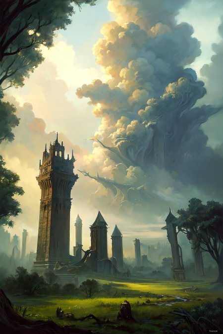 hyperrealism oil painting, ghost of the castle,
thunderstorm, and many small clouds, and slightly cloudy, fantasy forest,
an expansive ancient forest, featuring towering oaks, diverse wildlife, a variety of flora,
{dawn|dusk|night},
 <lora:more_details:0.3>,
 <lora:EnvyFantasyMix05:0.3>,
 <lora:ghost:0.4> guiguai,
 <lora:FantasyRuins:0.3> FanRu,