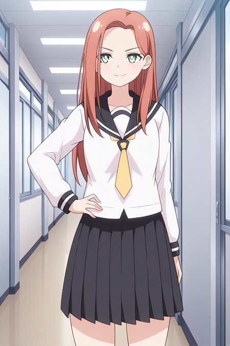 1girl, solo, kyoukolylustea, red hair, parted bangs, long hair, green eyes, white pupils, bright pupils, white shirt, black sailor collar, yellow necktie, black skirt, school, uniform, indoors, corridors, hand on hip, confident smile, standing, cowboy shot,