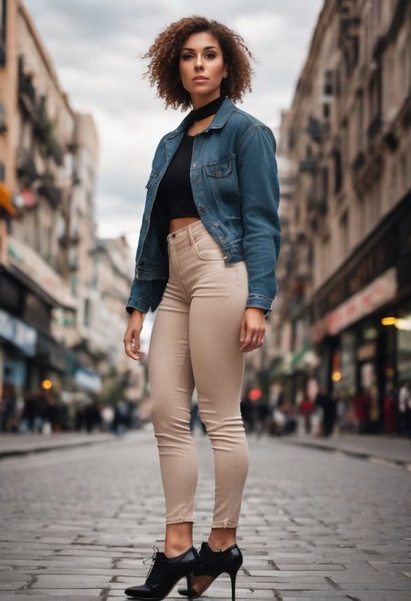 A realistic, award-winning photo taken with a high-resolution digital camera. A full-body image of a woman around 20 years old, athletic build, with short, curly hair, wearing high-heeled shoes, and without clothing on the street.