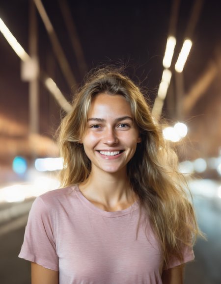 young woman with beautiful unvarnished natural face and messy (brown-blond and dirty hair) smiling into the camera, wearing a tight pink shirt