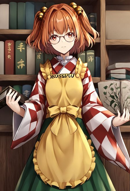 1girl, kosuzu, motoori_kosuzu, bespectacled, glasses, hair_bell, two_side_up, checkered_kimono, yellow_apron, long_sleeves, wide_sleeves, jingle_bell, green_skirt, holding_book, 
masterpiece, best quality, very aesthetic, absurdres,