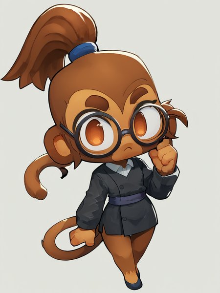 score 6 up,highres <lora:btd6.v3:1> furry, monkey, btd6, no nose, 1girl,tail, white background,looking at viewer, simple background, solo
patch,ponytail,glasses