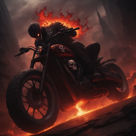 Dark Fantasy Art, Dark Moody Atmosphere, dramatic, mysterious, dark moody atmosphere, dark, moody, dark fantasy style, realistic anime,
BREAK,
Ghost Rider rockets up the skyscraper, his flaming motorcycle scorching a fiery path over glass and steel,
BREAK,
His skull, engulfed in hellfire, casts a sinister, flickering glow, with empty eye sockets seething with vengeful fire,
BREAK,
Flames curl around his skeletal form, his leather jacket and pants seared and frayed, smoldering as he rides,
BREAK, 
sitting on his bike, (((cracked roadway))), cracked road, skull, from side, low angle shot, close up shot, detailed afce, detailed skull, front view, wide angle, burning wheels and bike, chopper motorcycle, chopper, burning engine, leaking lava from cracked road, red sunset, 
detailed bike, flames on bike, red bike headlight,