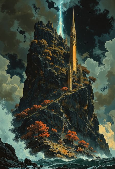 A towering, jagged island rises sharply from the ocean, crowned with a golden-roofed cathedral at its peak. Vibrant red and orange trees cling to the rocky cliffs, contrasting against lush green foliage scattered across its surface. Waves crash dramatically against the dark stone base, sending foamy sprays into the air. The sky above is an intense mix of swirling storm clouds and a vivid blue lightning strike, illuminating the scene with a dramatic glow. In the distance, the horizon fades into soft hues of pink and orange as the sun sets, casting a warm, ethereal light over the entire landscape. The scene is dynamic and full of energy, blending the power of nature with a sense of divine mystery.
Key Elements to Highlight:
Island Features: steep, rocky cliffs; vibrant red-orange foliage; contrasting green patches
Architecture: golden-roofed cathedral, intricate spire, mystical and grand
Ocean: crashing waves, foamy white details, dynamic water movement
Sky: dramatic storm clouds, vibrant blue lightning, soft sunset hues
Atmosphere: majestic, dramatic, mystical, energetic