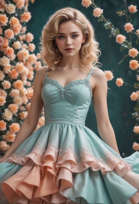 full length view, Romantic Rosette dress,  low angle shot, bottom view, (Surreal), (illustration), (Resolution enhancement), (8k), (Very detailed), (Best illustration), (Beautiful and delicate eyes), (best quality), (Super detailed), (masterpiece ), ( wallpaper), (Detailed face),one blonde, curls,(High top fade in and out:1.3), (Smile brightly, bright look), dark theme, soothing tone, pastel colors, high contrast, (natural skin texture, Surreal N;NI, soft light, Impatient),exposure blending, medium shot, Bokeh, (human development report:1.4), high contrast, (Movie, teal and orange:0.85), (pastel colors, fade, soothing tone:1.3), high saturation, (Super detailed:1.2)