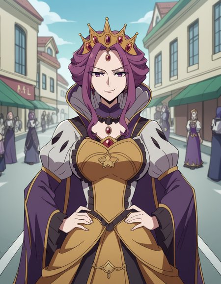 score_9, score_8_up, score_7_up, source_anime, <lora:mirelia-q-melromarc-s1s2s3-ponyxl-lora-nochekaiser:1>, mirelia q melromarc, purple hair, purple eyes, large breasts,, long sleeves, dress, jewelry, frills, puffy sleeves, wide sleeves, crown, purple dress,, crosswalk, people, street, white lines, traffic, , smug, hands on own hip,, looking at viewer, solo,, dutch angle, cowboy shot