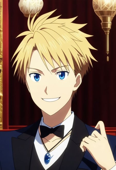 high resolution, solo, best quality, 1Boy, Yamato Ishida, Blond Hair, Blue Eyes, Necklace, luxury hotel, Ballroom, tuxedo, smile, mysterious, confident, OverallDetail