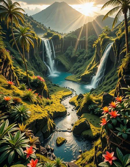A breathtaking view of an ancient, dormant volcano now transformed into a lush, vibrant natural sanctuary. The crater is filled with dense tropical forests, colorful exotic flowers, cascading waterfalls, and mist swirling gently in the morning light. Vines and moss cover the dark volcanic rocks, and small streams wind down the slopes. while rays of sunlight pierce through the dense canopy, creating sparkling reflections on the water. The atmosphere feels peaceful, enchanted, and untouched by humans. The scene is depicted in an ultra-detailed, hyper-realistic style, with warm, soft lighting and rich, saturated colors that enhance the magical and serene mood of the landscape.
<lora:SDXLFaeTastic2400:0.4> <lora:extremely_detailed:0.4> extremely detailed,dormant v0lc4n0, <lora:dormant_v0lc4n0-i:1>, Masterpiece,best quality,hi res,8k,hi res,8k,award winning,(sharp focus, intricate, highly detailed),