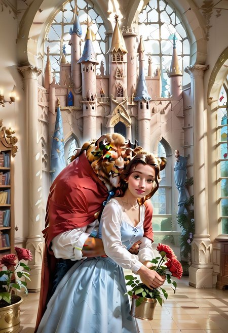 score_9, score_8_up, score_7_up, score_6_up, Belle, blue dress, white shirt, white long sleeves, long hair, ponytail, bow, 1girl, small breasts, stiff breasts, hourglass figure, lustful gaze, looking at the viewer, square neckline, background of large library, inside a castle, standing in the center of the castle library, hugging TheBeast, abandoned castle, castle covered in dust, face turned towards TheBeast, Thebeast dressed as a prince, holding flowers, holding a large dark red rose,