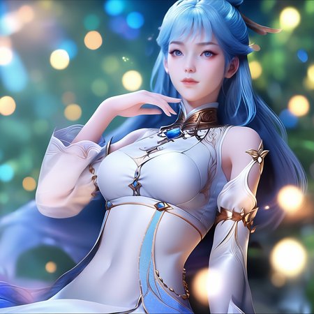 <lora:ponywangdonger1v:1>,score_9,score_8_up,score_7_up,a highly detailed digital illustration in a fantasy art style,it features a young woman with a delicate,ethereal appearance,she has long,flowing blue hair with a slight wave,and her skin is fair with a smooth texture,her large,expressive blue eyes are framed by thick,dark eyelashes,and she has a serene,almost meditative expression,she wears a high-collared,white dress with intricate gold and blue designs,including a large,blue gem at the center of her chest,the dress has a high collar and a sleeveless design,with gold trim around the neckline and sleeves,the background is blurred,but it appears to be an outdoor setting with soft,blurred green foliage and bokeh lights,suggesting an outdoor,serene environment,the lighting is soft and diffused,creating a dreamy,almost ethereal atmosphere,the overall composition is balanced,with the subject centered and the background slightly out of focus,making her the focal point of the image,