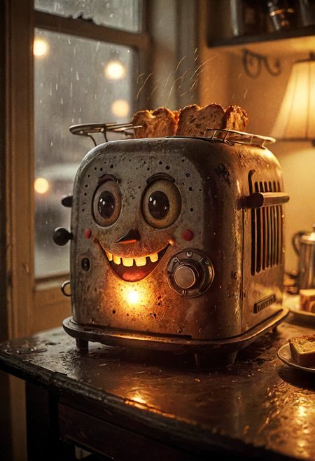 happy toaster , dim lights, detailed, perfect composition  <lora:eldoria:0.8> eldoria