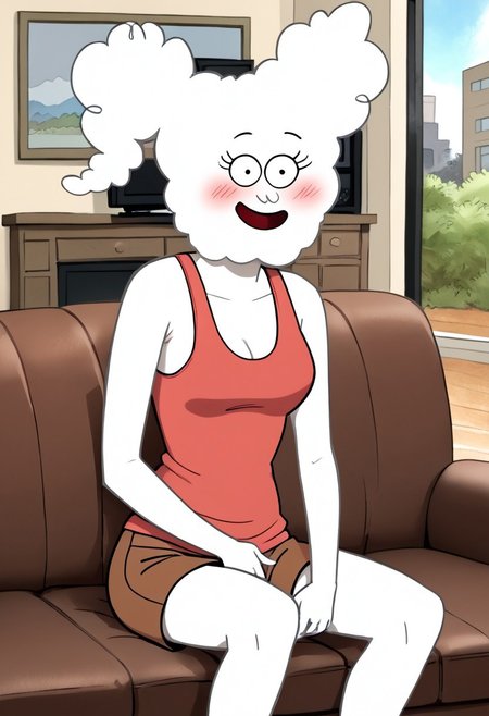score_9, score_8_up, score_8,  <lora:CJ New:0.8>, 1girl, cl0udyj4y, black eyes, white skin, solo, tank top, brown shorts, living room, sitting on couch, smile, looking at viewer, blush, window, parody, fingering self, plushing, masturbating, fingering through clothes, open mouth,