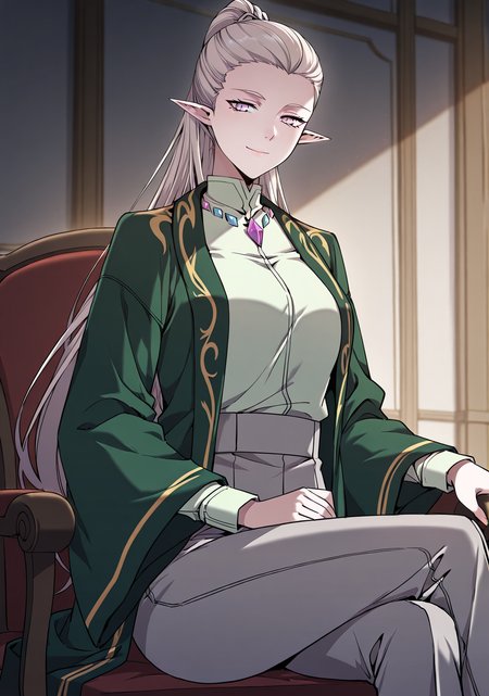 <lora:Alanis_Emeria__The_Beginning_After_the_End__Illustrious:1>
Alanis_Emeria_green_uniform_elf_gems, 1girl, solo, long white hair, ponytail, pointed ears, elf, pale skin, violet eyes, narrow eyes, green jacket, loose jacket, gold trim, wide sleeves, light green high-collar shirt, gemstone collar, purple gem, blue gem, gray pants, formal outfit, fantasy uniform
score_9, score_8_up, score_7_up, score_6_up, source_anime, masterpiece, best quality, absurdres, (Anime_source),Masterpiece,(perfect female body:1.2), small waist,(incredibly detailed:1.4), slim, smile, looking at viewer, sitting, crossed legs, night