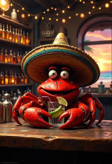 **Prompt:** A whimsical and lively scene of a **bright red crab** perched confidently on a **wooden bar counter**, its claws resting casually near a **glass of tequila** with a tiny lime wedge on the rim. The crab wears a slightly oversized **sombrero**, its colorful embroidery and woven details standing out against its shiny shell. One claw holds a tiny straw, playfully dipping into the tequila glass, adding a humorous touch. 
The bar has a warm, rustic vibe, with **aged wood planks**, scattered **salt shakers**, and a faint glow from **string lights** hanging overhead. Behind the crab, shelves are lined with **rows of tequila bottles**, glowing amber in the soft, golden light. A faint hint of a **beachfront** can be seen through a window in the background, with a setting sun casting warm orange and pink hues across the scene. 
The crab’s expression is full of character, with raised eyestalks that seem to suggest it’s enjoying the moment. The overall atmosphere is playful and relaxed, blending the quirky humor of the crab's unlikely setting with the festive spirit of a Mexican cantina