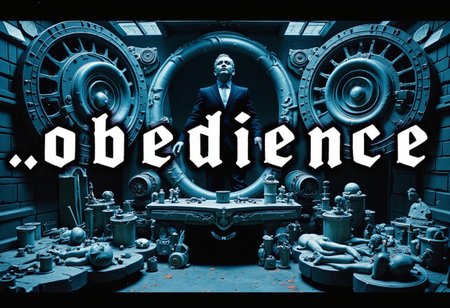 the words ...OBEDIENCE' written in large font fills the front of frame. In the back of frame weird man with in a dark room with checkerboard blue lotus PEOPLE ARE trapped inside machinery, people crushed inside mechanical gears, high gore arms crushed and bent, signs of wailing, people in business suits trapped in machinery. floors with blood on the ground with a white interior cyber tech electricity electical circuits illuminati symbols with brains and vaginas with high technology alchemical background lightning bolts