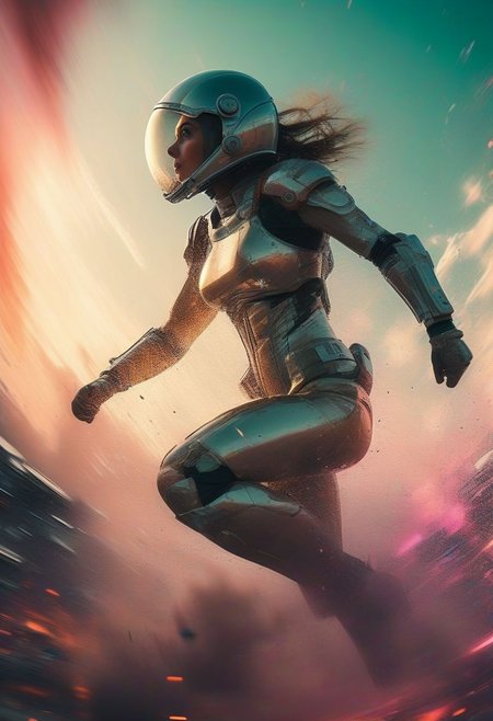 (Glitch, real life, woman in space, space helmet with clear visor, future war, spaceship in the background sky, crowd in the background, beautiful sunset afterglow environment, jarring optical effect, layered effects, dark shadows, hazy, grainy:1.2), (floating above pov, a woman looking shocked, caped crusader, muted pastel natural colors, HDR, 5mm:1.2), (art by (Marcel Marlier:1.1) and (John Sibbick:1.2)), Explosion Artstyle