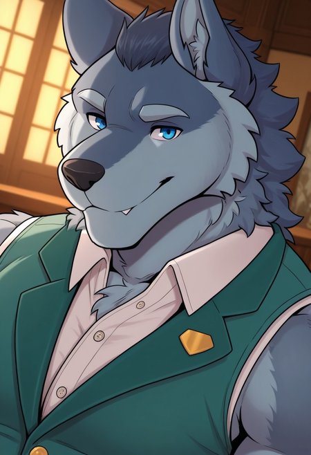 DallanLS, solo, furry, wolf, wolf tail, smile, detailed eyes, perfect eyes, perfect face, blue fur, blue eyes, muscular, bara, large pectorals, manly, mature, dynamic angle, face focus, portrait, white collared shirt, green vest, sleeveless, indoors, unparalleled masterpiece, best quality, amazing quality, very aesthetic, high resolution, 4K, extremely-detailed, depth of field, separate focus, newest, scenery, detailed fur, detailed muscles, semi realistic lighting, <lora:DallanLS:0.9>