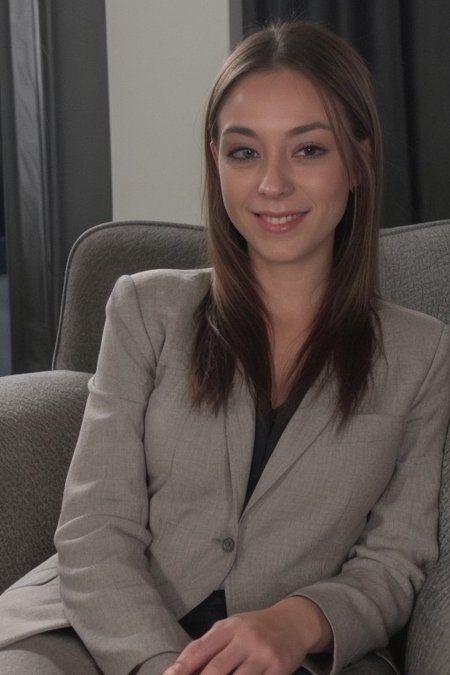 30yo American woman wearing bussiness suit holding a cigarrete
Dark black smooth long hair ponytail. smiling.
Looking at camera.
Dynamic varying pose.
Outside bussiness. Night time,  
Night time, dark.