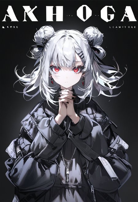 masterpiece, best quality,<lora:QUASARCAKE_XL_ANI31_lokr_V42310:0.95> 1girl, double bun, solo, hair bun, grey hair, red eyes, own hands together, looking at viewer, hair ornament, black background, song name, straight-on, hairclip, black nails, upper body, short hair, closed mouth, own hands clasped, long sleeves, alternate costume, flipped hair, hands up, jacket, blunt bangs, nail polish, black dress, character name, praying, medium hair