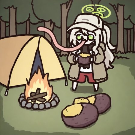 1girl, hare \(camp\) \(blue archive\), halo, very long tongue, eating sweet potatoes, campfire, standing, full body, headwear, solo, centered, forest background, tent, <lora:gwezuna:1>