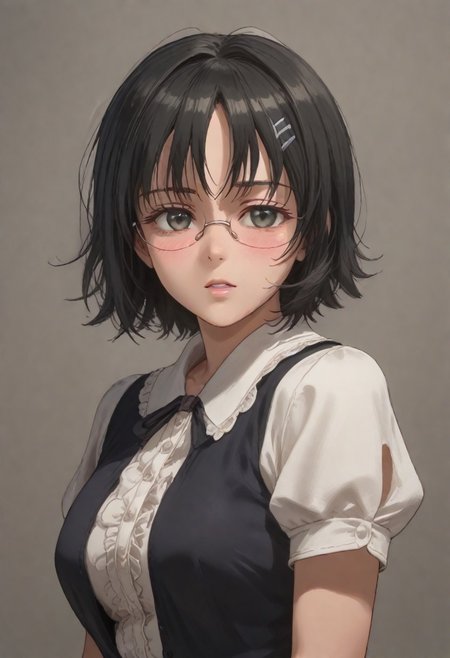 score_9,score_8_up,score_7_up,great lighting,source_anime,anime screencap,anime coloring,anipai_style,intricate details,inexpressive,1girl,solo,nao_yorihime, an anime girl,  1girl, solo,  short hair, open mouth, black hair, hair ornament, school uniform, short sleeves, glasses, hairclip, ,BLACK DRESS,DETAIL WHITE shirt(center frill),UNDER BUST,large breasts,short sleeves, puffy sleeves,silk Fabric,half closed eyes,parted lips,open mouth,shy,blush,tcking hair,turning back face,looking_at_viewer,viewer from side,upper body,light and shadows by reij-shdwgms,