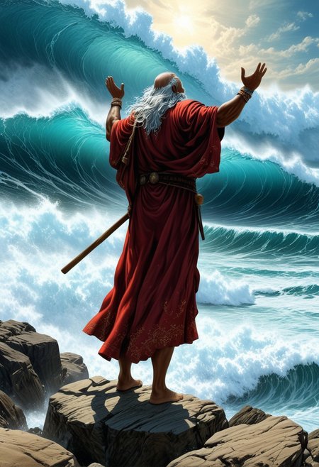 Comic book style 8k high quality digital painting, Boris Vallejo style, retro artstyle, score_9, score_8_up, score_9_up, very detailed, ultra realistic, (best quality) full body, very detailed masterpiece, RetroSci style, Moses parts the sea, an old man wearing a tunica and a toga is standing on a rock looking up to the sky, long stick in his right hand, raising his hands to the sky, in the background we see the ocean parting in two, water dispersed,  the water is parting leaving a dry corridor, huge waves of water on the left and on the right, tsunami-like huge waves, ocean, sea, epic scene, fantasy, surrealism, dreamscape, tenebrism, chiaroscuro, baroque, dramatic illumination, and dynamic lighting.