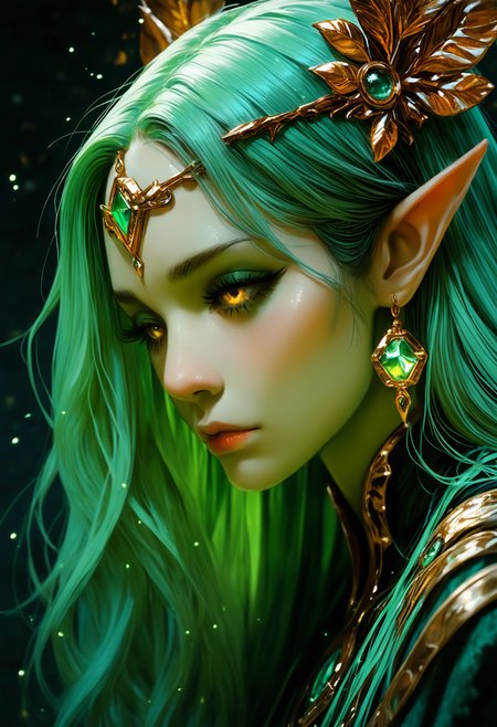 1girl, solo, long_hair, hair_ornament, 1boy, closed_mouth, jewelry, yellow_eyes, earrings, green_hair, pointy_ears, from_side, eyelashes, lips, petals, profile, makeup, depth_of_field, glowing, leaf, portrait, gem, light_particles, close-up, eyeshadow, circlet, nose, forehead_jewel, green_theme, gold, falling_leaves, green_gemstone, depth of field, photo \(medium\), 
best quality, very awa, highres, newest