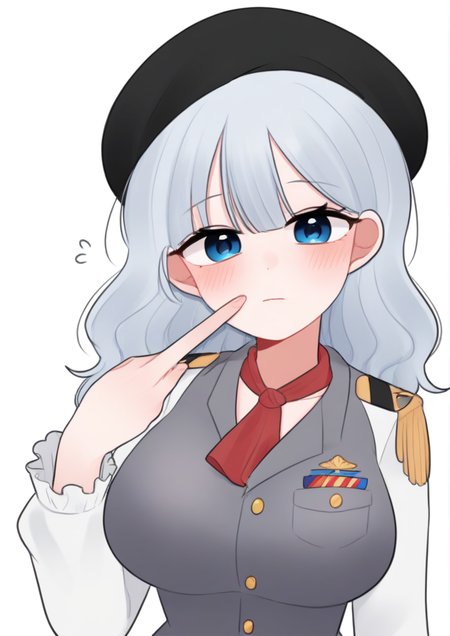1girl, zPDXL3,beret, black headwear, blue eyes, breasts, buttons, closed mouth, eating, epaulettes, finger to mouth, flying sweatdrops, food, food on face, frilled sleeves, frills, gloves, grey hair, hair between eyes, hat, head tilt, holding, holding food, index finger raised, jacket, large breasts, long sleeves, looking at viewer, military, military jacket, military uniform, neckerchief, red neckerchief, sandwich, sidelocks, simple background, single glove, solo, twintails, uniform, upper body, wavy hair, white background, white gloves, white jacket<lora:dami:1>