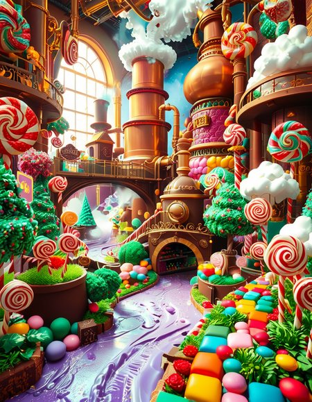 A whimsical and magical photo of Willy Wonkaâs Chocolate Factory. The scene captures the exterior of the factory, featuring a towering, fantastical building with colorful, crooked chimneys puffing out clouds of candy-scented steam. The walls are made of vibrant bricks in shades of purple, gold, and red, with intricate candy-inspired patterns carved into the structure. A large, ornate gate made of swirling lollipop shapes stands at the front, with the name "Willy Wonka" emblazoned in gold letters. Surrounding the factory is a lush, surreal landscape filled with oversized candy canes, gumdrop bushes, chocolate rivers, and trees made of cotton candy. The sky is bright and cheerful, with fluffy clouds that resemble whipped cream. The entire setting feels magical, playful, and inviting, full of bright, saturated colors and incredible, dreamlike details that spark the imagination.
<lora:SDXLFaeTastic2400:0.4> <lora:extremely_detailed:0.4> extremely detailed, <lora:Willy_W0nk4_chocolate_f4ct0ry:1>,Willy W0nk4 chocolate f4ct0ry, Masterpiece,best quality,hi res,8k,hi res,8k,award winning,(sharp focus, intricate, highly detailed),