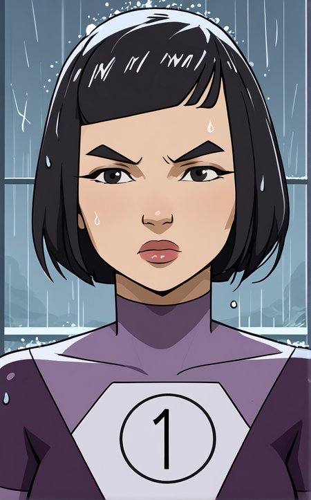 score_9, score_8_up, score_7_up, (rain, water drop),  floating hair, looking to the side, upper body, serious, wet, wet hair, looking at viewer, thunder, storm, outdoors,  <lora:PONYXL_Invincible_DupliKate_ownwaifu:1>, BREAK MainOutfit_DupliKate_ownwaifu, 1girl, black eyes, black hair, bob cut, asian, covered collarbone, lips, long sleeves, multicolored bodysuit, nose, number print, purple bodysuit, shiny hair, short hair, skin tight, superhero, thick eyebrows, turtleneck bodysuit, blunt bangs, medium breasts, pilot suit, lipstick, multicolored clothes, makeup, blunt ends, short bangs, <lora:add-detail-xl:0.15>,
