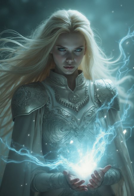 Envision a hyper-realistic image of an enigmatic female elven light mage with (mesmerizing eyes blazing with white fire, radiating overwhelming magic:1.5) in the style of Aleksi Briclot, rendered in high definition 8K resolution. She is a living conduit of unfathomable arcane power, commanding reality itself as magic erupts violently from her hands, warping the air around her with chaotic energy. Her long flowing blonde hair moves and pulses unnaturally, charged with raw magic.Her armored breastplate gleams as her presence distorts the space, casting waves of fear. The scene is lit by an intense, searing white light, bathing her in an ethereal glow that both mesmerizes and terrifies. The winds of magic whirl with ferocity, crackling with danger, and the perspective heightens her overwhelming, god-like power, capturing her terrifying beauty as she bends the forces of creation to her will