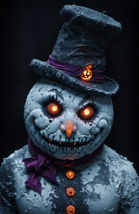 grunge style horror-themed snowman visiting from hell <lora:Horror_Pokémon:0.2> <lora:snowman:5> <lora:xl_more_art-full_v1:0.8> <lora:blacklight_makeup_v2:0.8> blacklight makeup . eerie, unsettling, dark, spooky, suspenseful, grim, highly detailed . textured, distressed, vintage, edgy, punk rock vibe, dirty, noisy