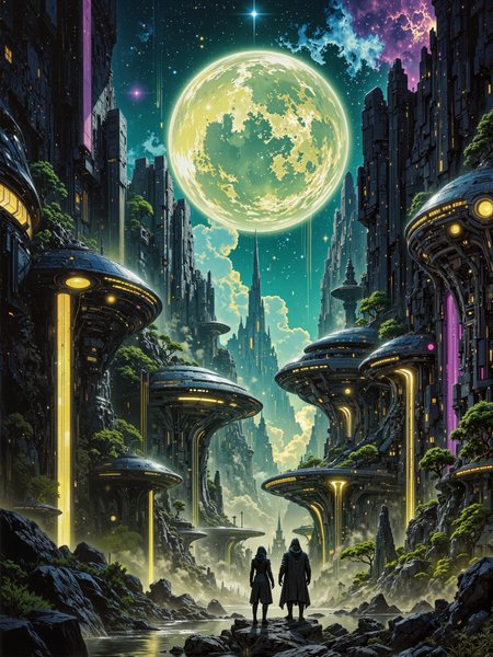 famous artwork, hyper-realistic and highly detailed science fiction epic inspired by stephan martiniere and john berkey, absurdres, ultra-high-resolution, otherworldly, a digital masterwork painting of a vast alien canyon stretches into the distance, carved with geometric precision and flanked by monumental cliffs that cradle a sprawling futuristic city, the structures blend large, dome-shaped habitats and towering spires built seamlessly into the vertical stone walls, suspended above the canyon floor, illuminated with soft golden and magenta glows. the foreground shows a man and a woman from behind, one slightly larger than the other, standing on the picturesque shore of a narrow river that reflects the night sky and futuristic structures above, both wear long, dark, high-collared coats, heavy with the look of mercenaries or bounty hunters. the canyon is lush with alien vegetation, glowing in patches with bioluminescent hues, small trees with curved canopies cling to the cliffs, while glowing moss and cyan vines wind around the rock formations and structures. in the background, a colossal, yellow-green planet hangs low in the sky, its surface rich with cloud texture and lunar detail, dominating the scene with overwhelming presence, behind it a vibrant galactic nebula glows in purples, teals, and starlight, adding layers of depth to the heavens. the lighting is highly stylized and dramatic, the massive planet bathes the city and canyon in a spectral, greenish-golden radiance, casting long shadows and haloing the cliffside buildings, warm light from the structures adds a human contrast to the cosmic majesty. shot from a low angle behind the travelers, emphasizing scale and wonder, wide vista composition with deep perspective, designed to draw the eye from the figures to the glowing city and finally up to the planet, sense of scale is monumental and filled with awe. rich in texture and realism with painterly brushwork and atmospheric haze, layered depth and highly detailed surfaces from rocky outcrops to reflective metals and soft-glowing glass, teal green and light beige and midnight blue and vanilla yellow and royal purple, highly atmospheric, masterful use of light and shadow, grand composition, cinematic visual storytelling, ovg, artilands02, arsmoviestill, 80s fantasy movie still, <lora:style-fantastic_landscapes-v2-flux-by_artifyai:0.72> <lora:style-80s_fantasy_movie-v3-flux-by_arsmachina:0.48> <lora:lora:style-luis_royo-flux-by_tosave:0.24>