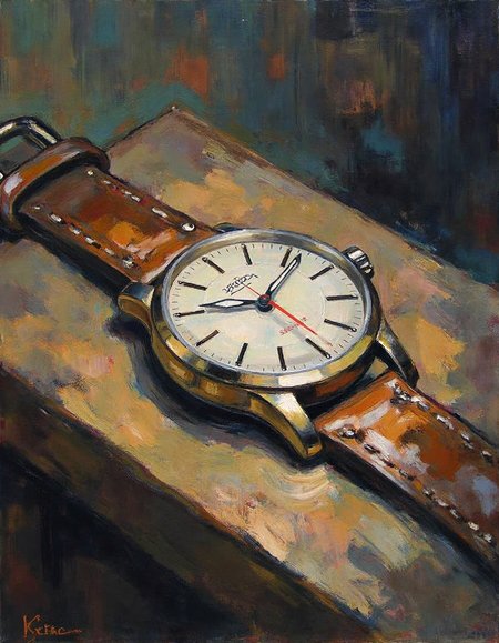 ssf_4bstr4ct painting of a wristwatch laying on an old wooden table, muted color