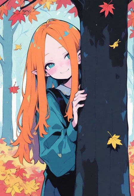 1 girl , solo , orange hair , freckle , blush , cute , smile , long hair , pointy ear , hiding behind tree , shy , falling leaf , autumn leaf ,
masterpiece, best quality ,amazing quality ,S4bit4mago_illu , xxx667_illu ,Protoneon  , ma1ma1helmes_b_illu, traditional art ,