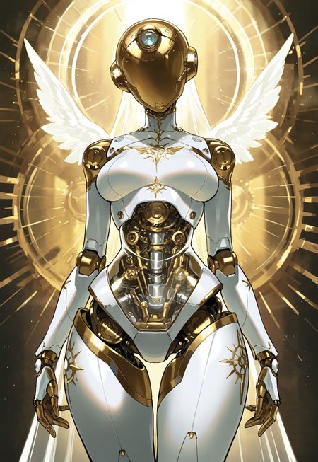 masterpiece, best quality, amazing quality,  high resolution, aesthetic,  robot girl, ((robot body)), robot joints, proud, medium breasts, wide hips, metal body, angelic, glowing white details, gold details, rim lighting, pretty hair, scifi, portrait, transparent body, vintage robot, steampunk, wide robot head, inhuman head, energy shield